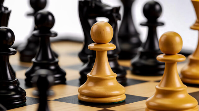 A close-up macro photograph of chess pieces on a black and white checkered chess board