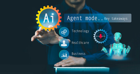 Businessmen use voice commands key takeaway agentic AI, assistant interface for Healthcare, Business and technology, artificial intelligence tools for productivity, automation, and content creation