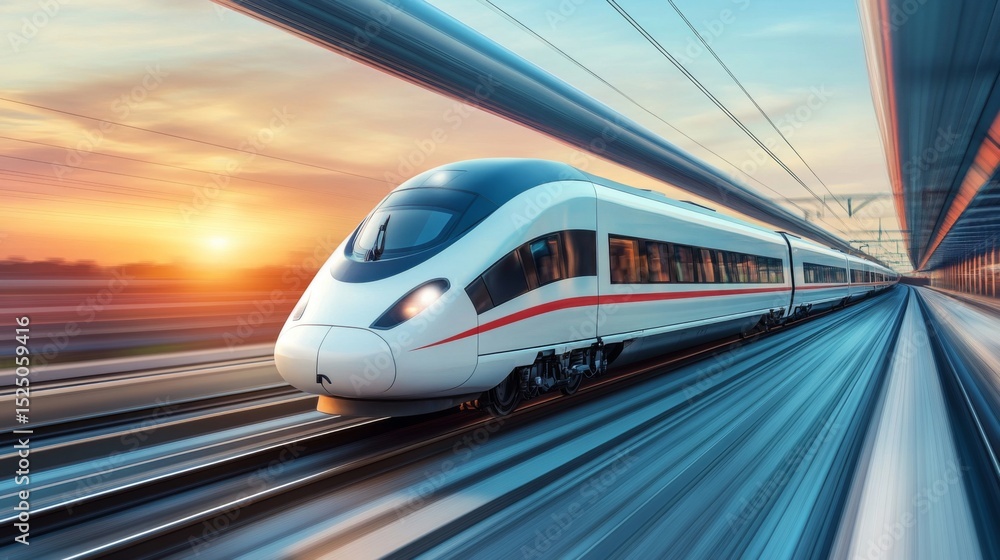 Poster a sleek high-speed train on a modern bridge at sunset, with warm hues in the sky reflecting on the t