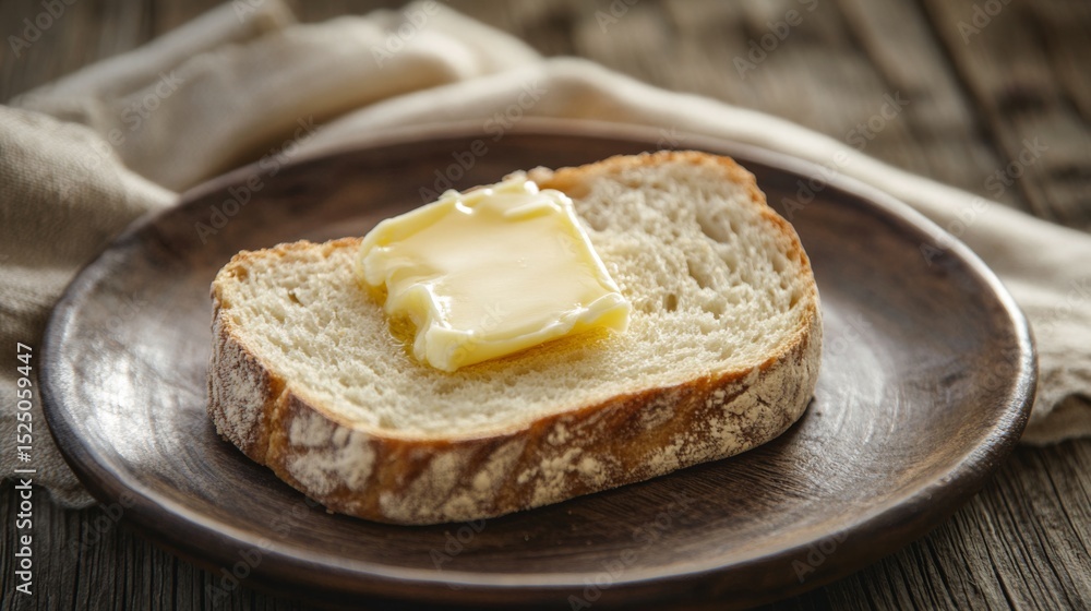 Poster A slice of homemade bread with a generous spread of butter melting on top, set on a rustic plate with a linen napkin for a cozy breakfast vibe.