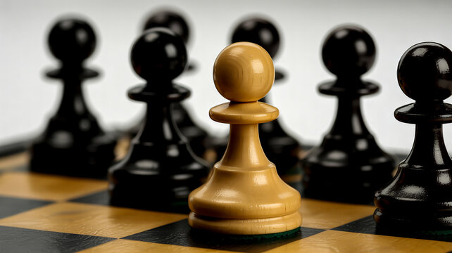 A close-up macro photograph of chess pieces on a black and white checkered chess board