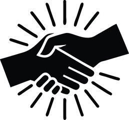 Black and White Illustration Two Hands Shaking with Radial Lines Suggesting Agreement