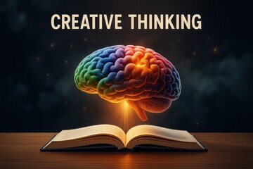 Colorful illuminated brain emerging from an open book, symbolizing knowledge, creativity, and imagination.