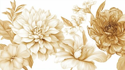 retro botanical clipart of vintage flowers: dahlia, peony, lilly, rose, iris, cammomile - of silk fabric realistic golden texture, on white background
