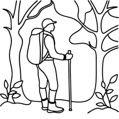 Line Art of a Hiker in Nature Wearing Hiking Gear Surrounded by Trees for Outdoor Adventure Blogs, Travel Websites, Hiking Guides, and Nature Awareness Content  