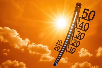 Thermometer showing high temperature under intense sun, symbolizing heatwave and extreme summer weather.