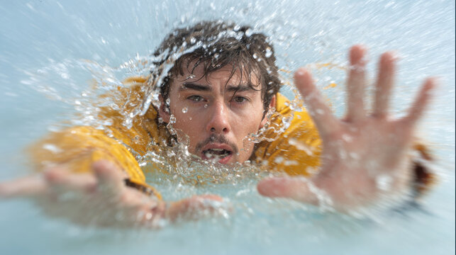 portrait of speleologist in dynamic motion exploring underground lake