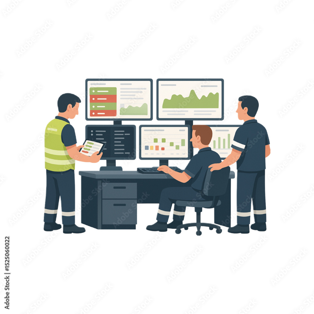 Poster team monitoring data on multiple screens in a control room workplace technology business analytics