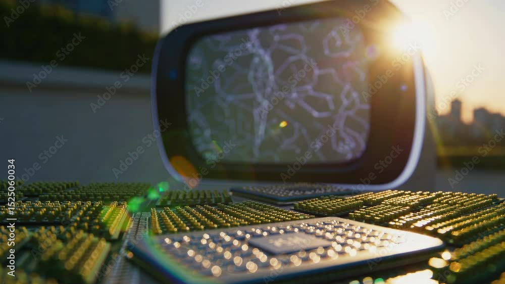 Poster Exploring advanced technology with computer chips and creative designs at sunset