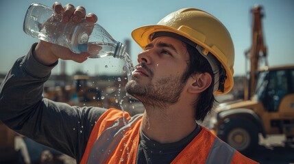 Construction worker wearing helmet and vest drinking water to cool down during a hot day at the worksite.