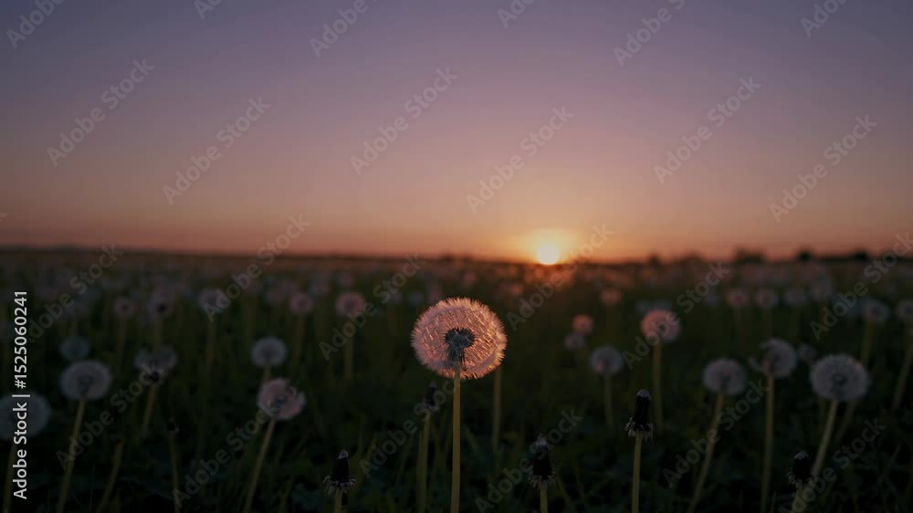 Poster dandelions bloom in a vast field against a stunning sunset backdrop in a serene evening setting