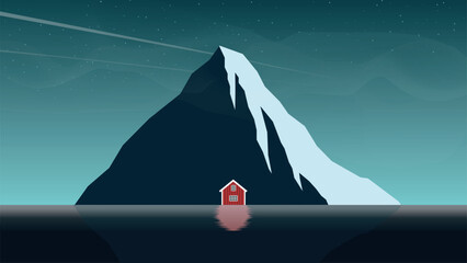 Minimalist digital illustration of a small red cabin by a large snow-capped mountain, reflected in calm water under a starry night sky