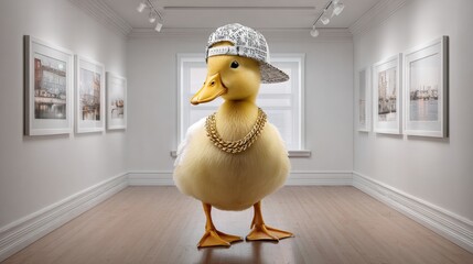Cute yellow duck dressed in street style explores pictures inside a minimal white art gallery. 