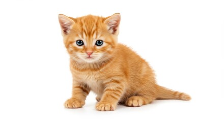 Obraz premium A small orange tabby kitten with striking blue eyes sitting on a white background looking at the camera