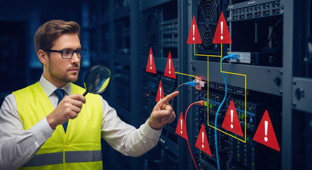 IT Technician Troubleshooting Server Network Issues with Magnifying Glass Alert Icons
