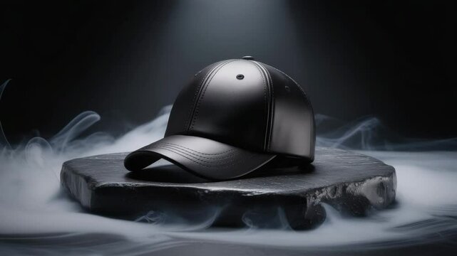 Black baseball cap on a stone podium with smoke. Fashion concept.