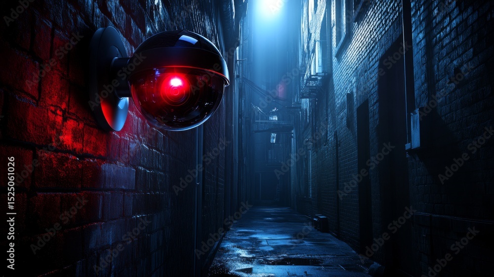Poster a stunning shot of a high-tech cctv camera with infrared capabilities, set against a backdrop of a d
