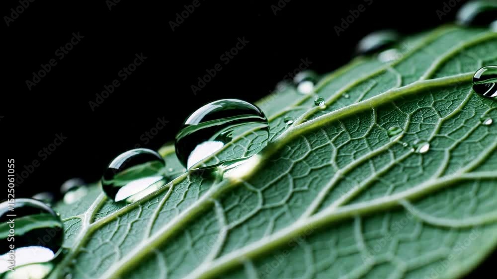 Poster water droplets create stunning patterns on a green leaf in a close-up shot captured in nature