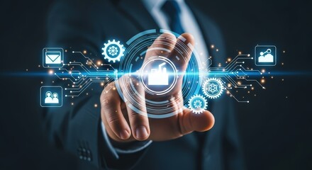 Businessman Interacting with Futuristic Smart Factory Automation Technology Interface