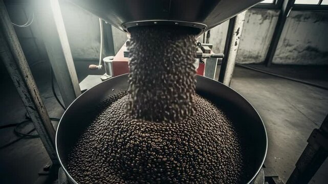 Industrial machinery pouring grains into large hopper in factory setting  
