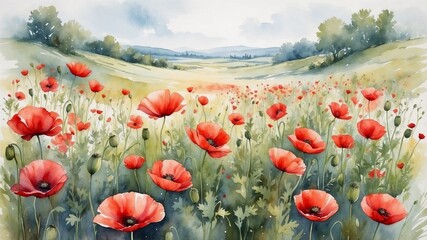 Obraz premium Vibrant poppy flowers blooming in a lush green field landscape 