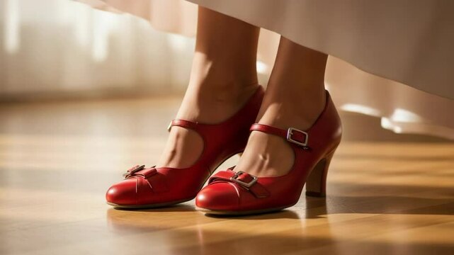 Elegant red high heels worn by a woman standing indoors  