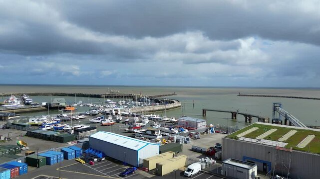 Aerial View of British Tourist Attraction at Ramsgate Sea View Beach and Ocean at West Cliffs, England UK