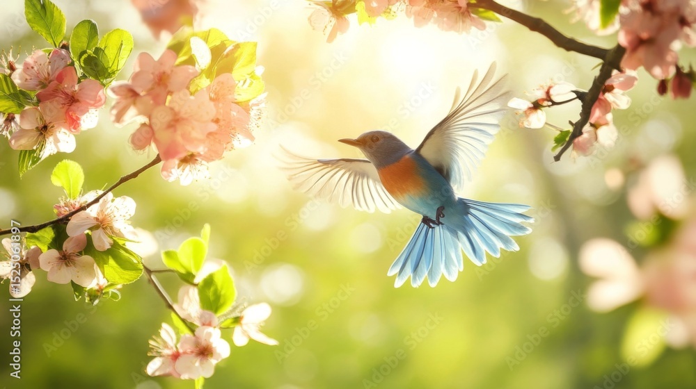 Poster a vibrant bluebird in full flight, captured in sharp detail as it flits between branches, surrounded