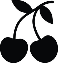 Two Black Cherries with Stems and Leaves Silhouette Isolated on White Background