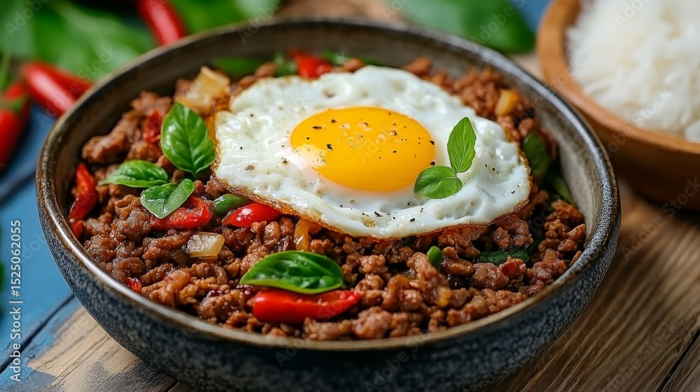 Poster a vibrant display of pad kra pao, featuring minced meat stir-fried with holy basil and chilies, serv