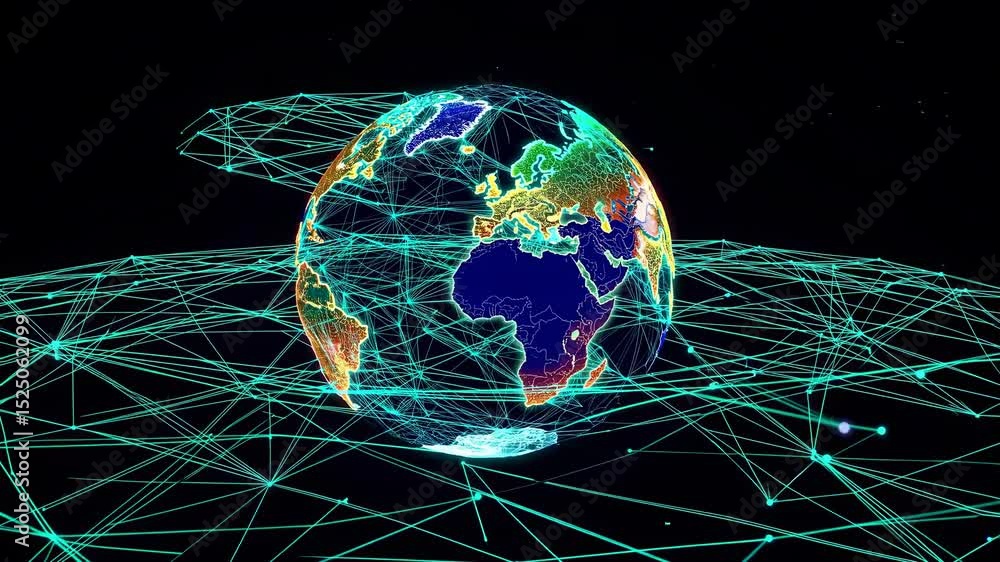 Poster Digital world showcasing global connectivity and data flow across countries and continents in a dynamic visual representation