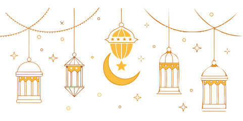 Golden Ramadan Lanterns, Crescent Moon, Stars and Festive Garlands on White Background
