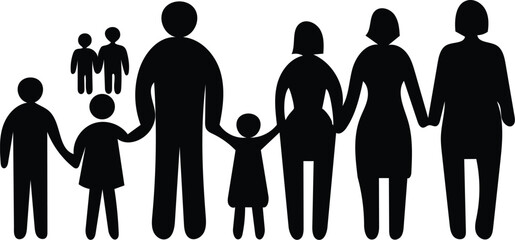 Black Silhouette Illustration of a Large Extended Family Holding Hands on a White Background