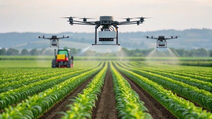 Drones spraying crops over lush farmland with a tractor in the foreground, showcasing modern agricultural technology in action.