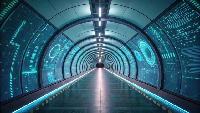 Futuristic tunnel with glowing blue lights and digital interface, creating a sci-fi atmosphere.