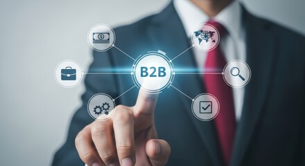 Businessman Selecting B2B Strategy on Interactive Touchscreen Interface