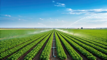 Lush green fields under a clear blue sky, featuring irrigation systems in the distance, showcasing agricultural landscape and crop cultivation.
