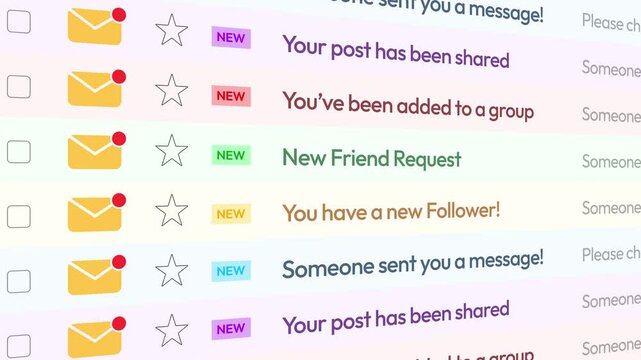 Multiple social media notifications email scrolling list 4k animation, friend request, sharing, new follwer notification
