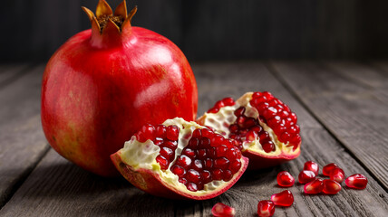 A close-up photograph of a fresh pomegranate on a dark wooden surface.