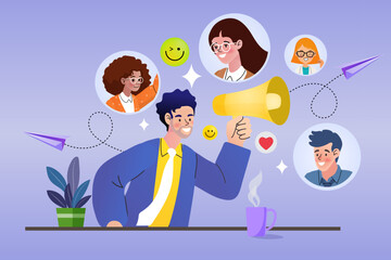 Live on social media, creating content that people are interested in and follow. A man holds a microphone and people subscribe him.