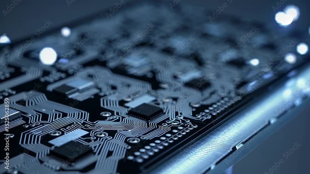 Poster Exploring the intricate details of a circuit board with glowing lights and complex patterns, showcasing modern technology