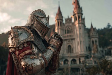 Fototapeta premium A Knight in Ornate Armor Prays Before a Majestic Castle 