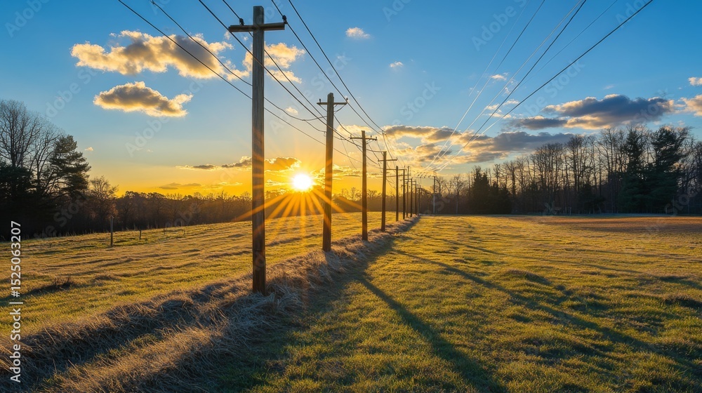 Poster a vibrant sunrise illuminating a row of utility poles, with the light casting long shadows across a 