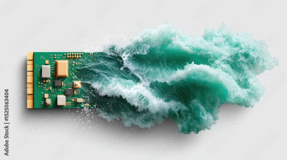 Aufkleber Green circuit board transforms into a powerful wave on a white background
