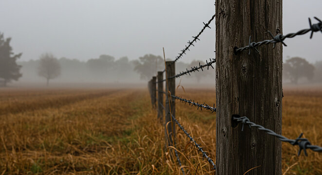 close-up perspective of a rustic wooden fence with barbed wire running through dry golden grass field, soft depth of field, misty rural landscape in the background