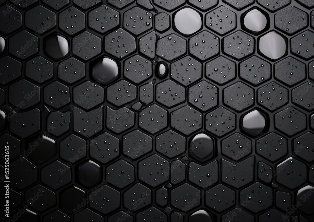 Poster black hexagonal tiles with water droplets create a modern, geometric pattern with a glossy and matte