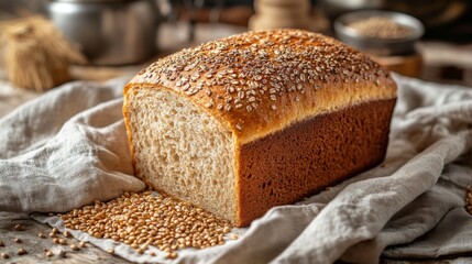 A warm loaf of whole grain bread placed on a linen cloth, surrounded by scattered grains and seeds, emphasizing its wholesome nature.