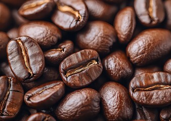 Fototapeta premium Close-up of roasted coffee beans showing rich texture and glossy surfaces.