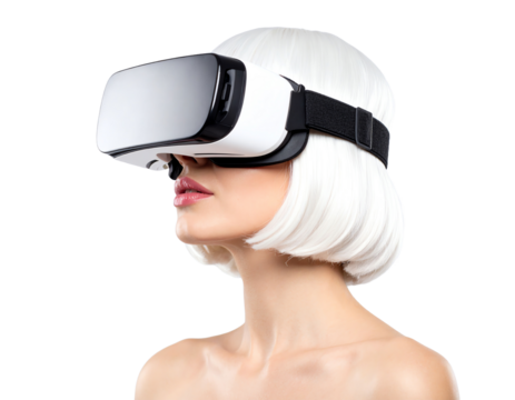Woman in VR headset exploring virtual reality.