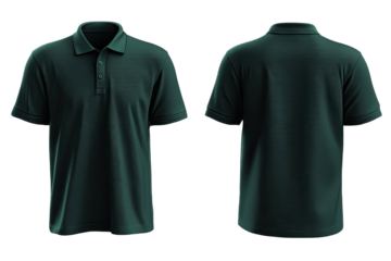 Dark teal polo shirt, front and back views, mock-up